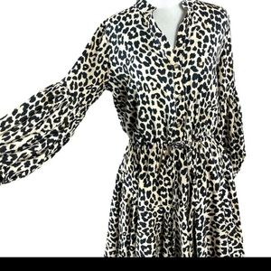 Women’s New Leopard Print Flowy Flirty Mini Dress Balloon Sleeves Size Small